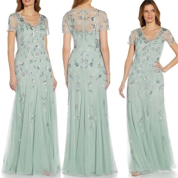 Adrianna Papell Dresses & Skirts - ADRIANNA PAPELL V-Neck Short Sleeve Illusion Beaded Gown in Aqua Dust